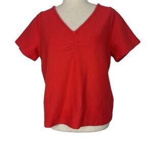 Madewell Top Women Medium Jacquard Ruched Red Orange V-Neck Tee